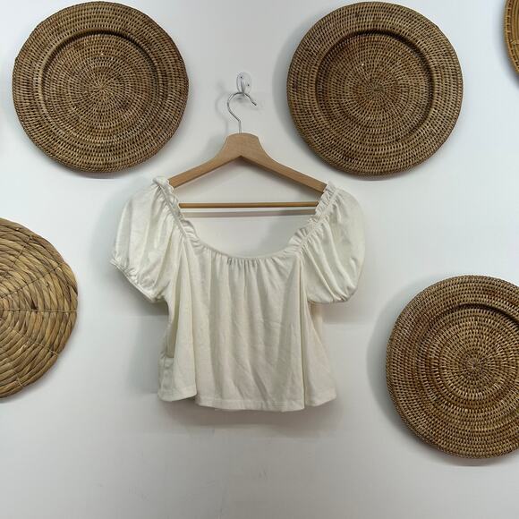 Lulus Off White Crop Delicate Details Ivory Ribbed Puff Sleeve Babydoll Top XS - Picture 3 of 8